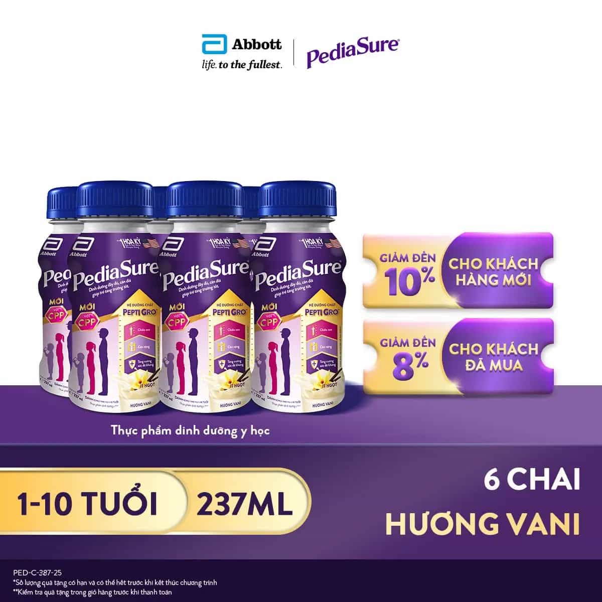 Sữa Abbott PediaSure Chai Pha Sẵn Hương Vani 237ml - Lốc 6 Chai (1 - 10 tuổi)